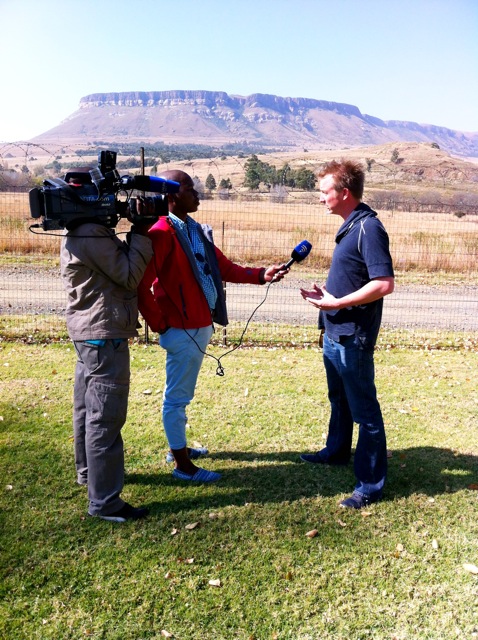 Melvin Boecher being interviewed by SABC at the foot of the Drakensberg.